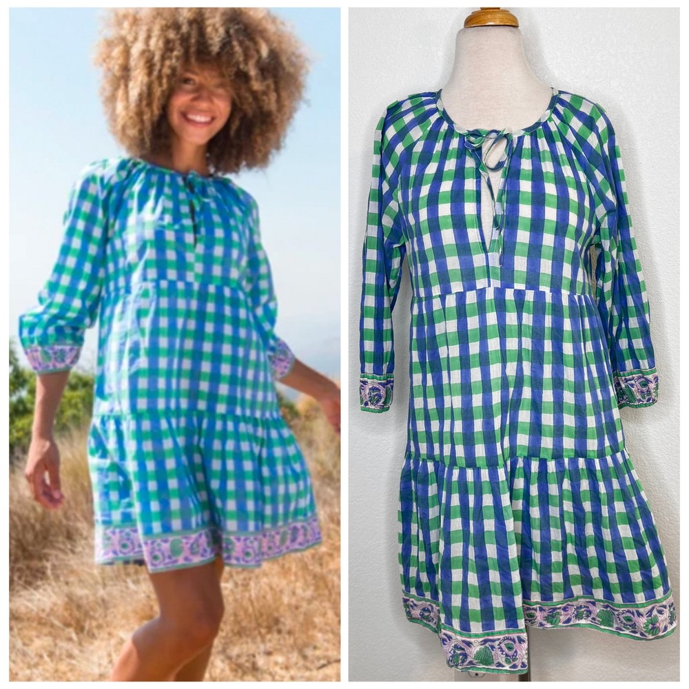SZ Blockprints Tuckernuck‎ Priiya Dress Size M Blue Green Check Preppy Coastal